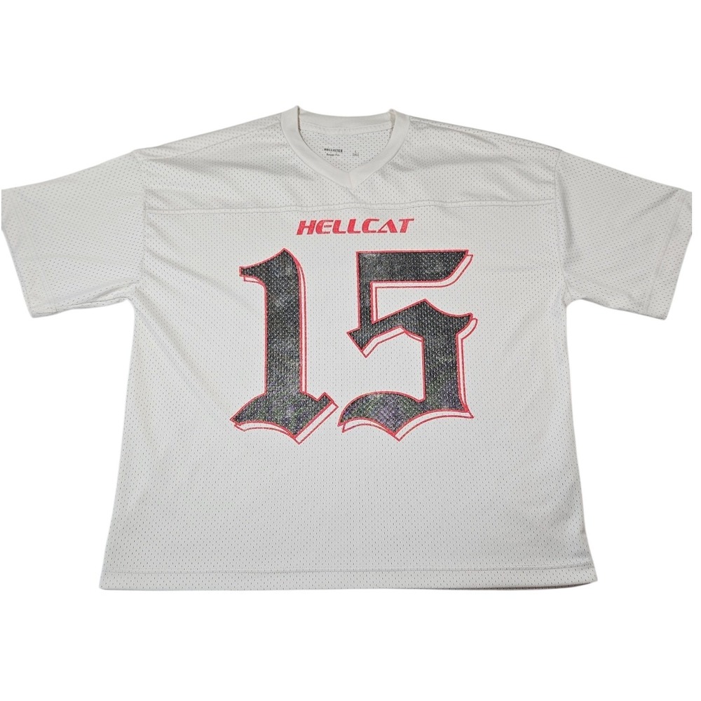Hollister Hellcat 15 Mesh Jersey Mens Large White Baggy Fit Streetwear V-Neck